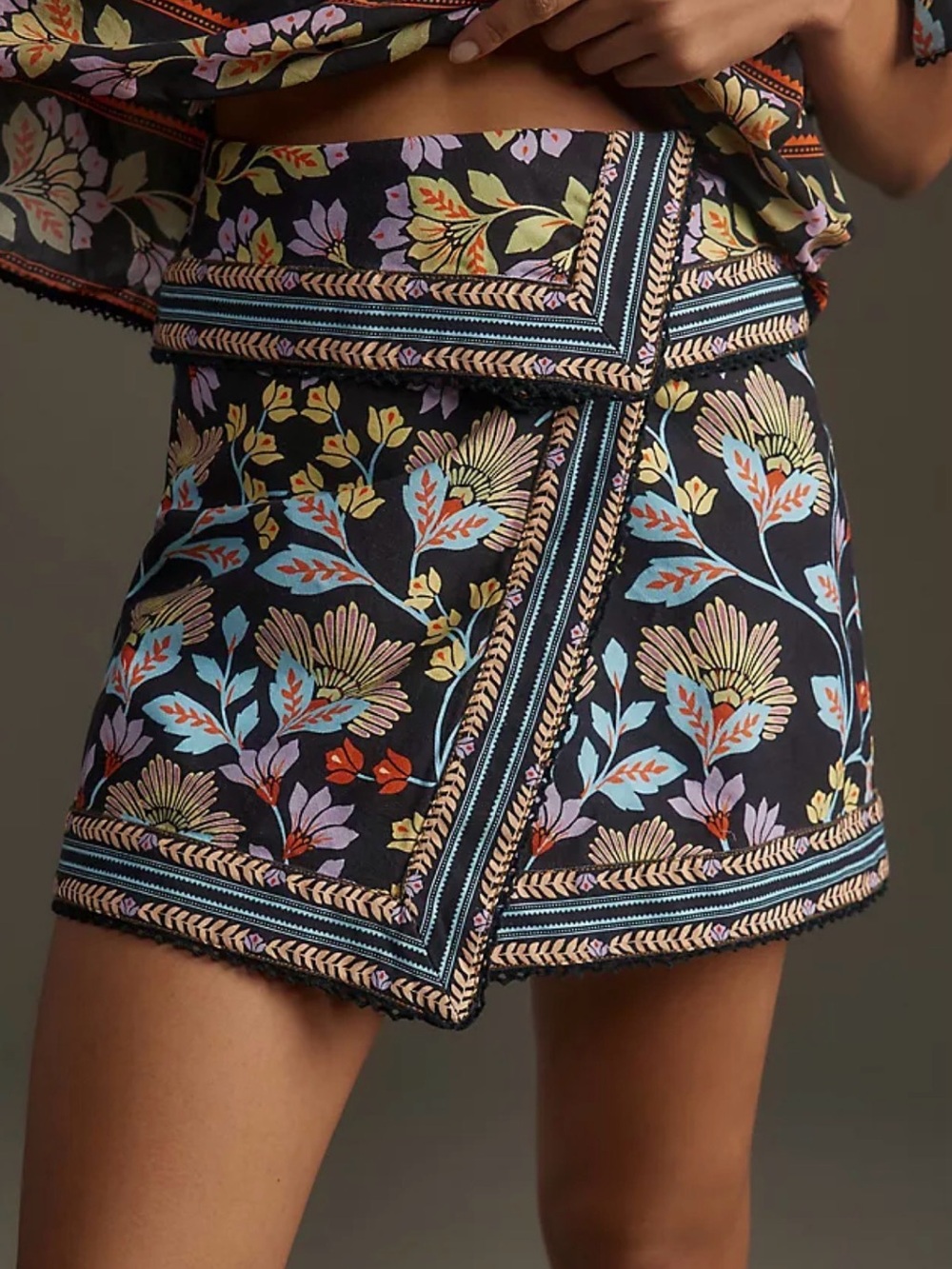 New Farm Rio Flowery Mini Skirt Floral Embroidered Wrap Mini Shorts - Black
